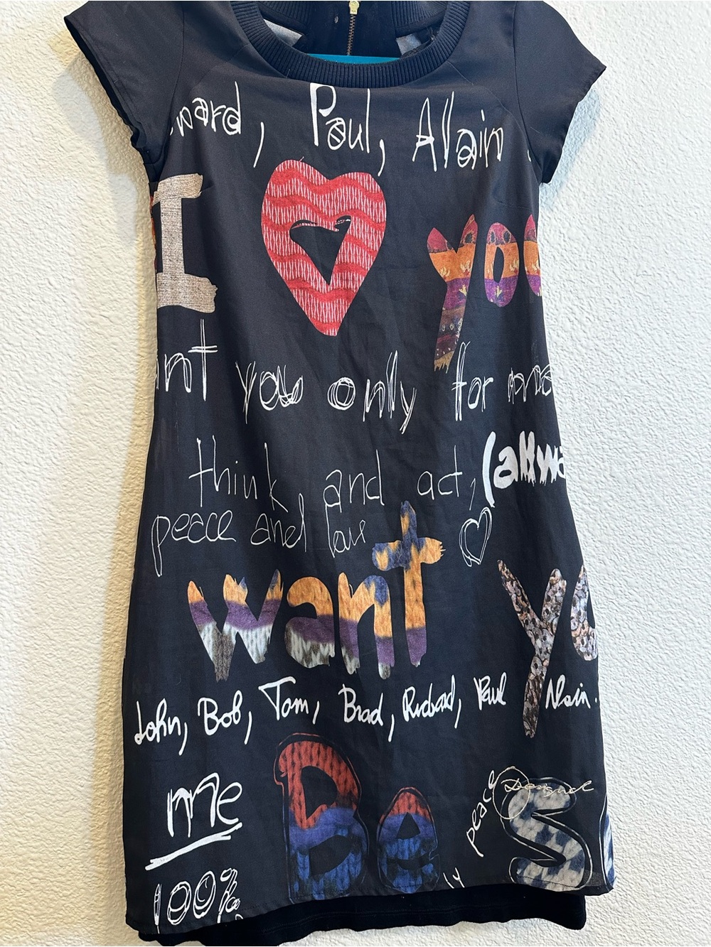 Desigual Graffiti Graphic Print Mini Dress XS Art Pop Art Sheer Sleeve - Picture 1 of 16